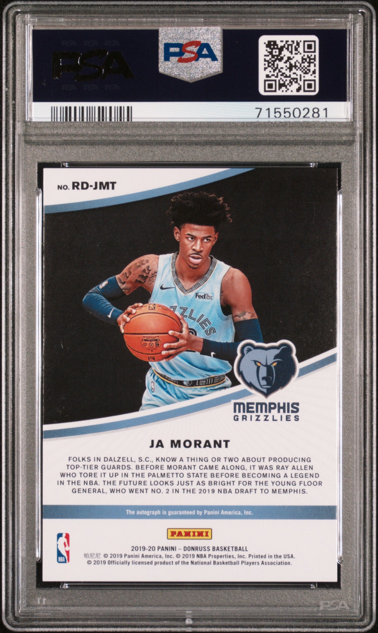 2019 Panini Donruss Rookie Ja Morant #RDJMT RKE. Dominator SIG. /99 PSA 8 Auto A