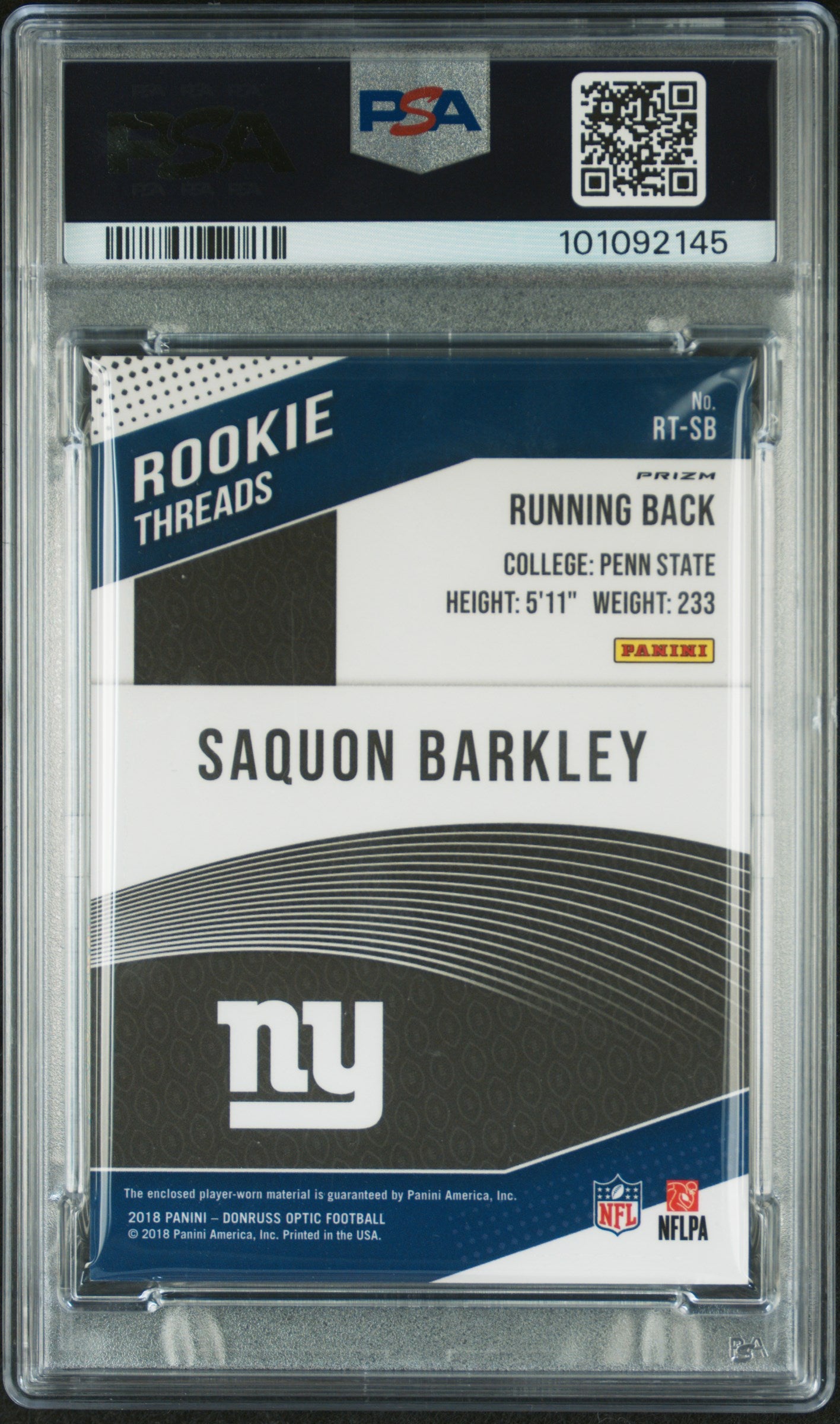 2018 Panini Donruss Optic Rookie Threads Saquon Barkley #SB Mint Rookie PSA 10