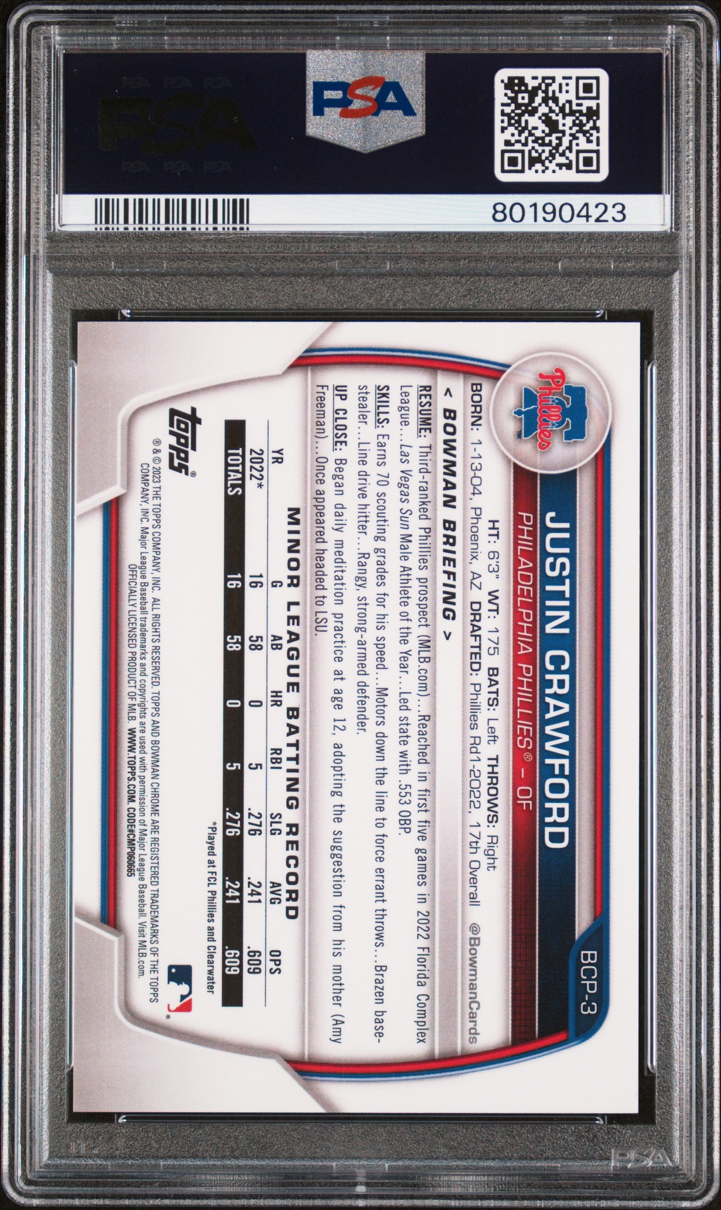 2023 Bowman Chrome Prospects Justin Crawford #BCP3 Ylw Ref /75 PSA 9