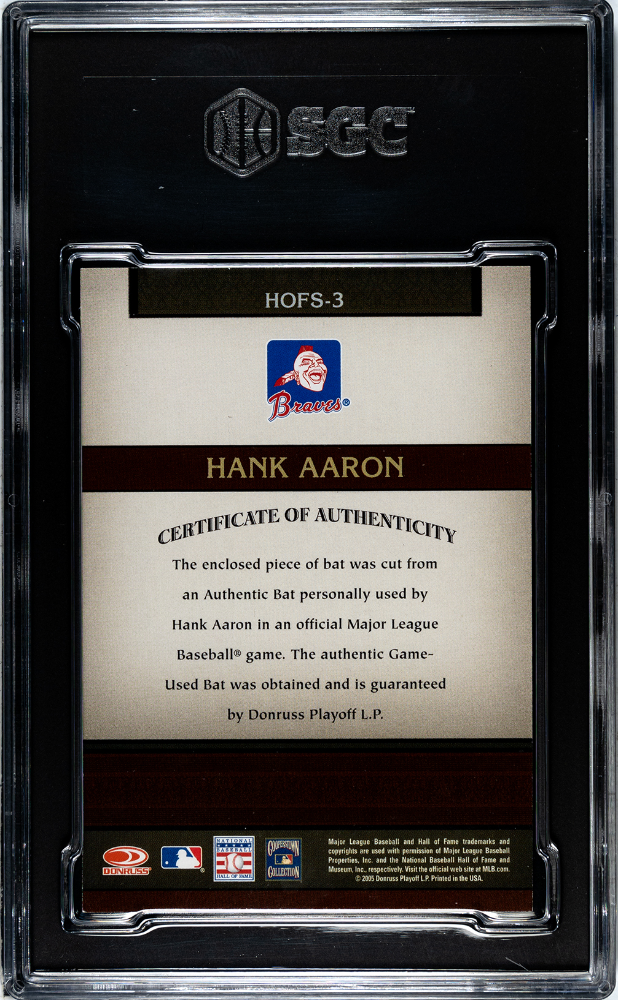 2005 Donruss Greats Hank Aaron #HOFS-3 Hall Of Fame Souvenirs Bat SGC 9