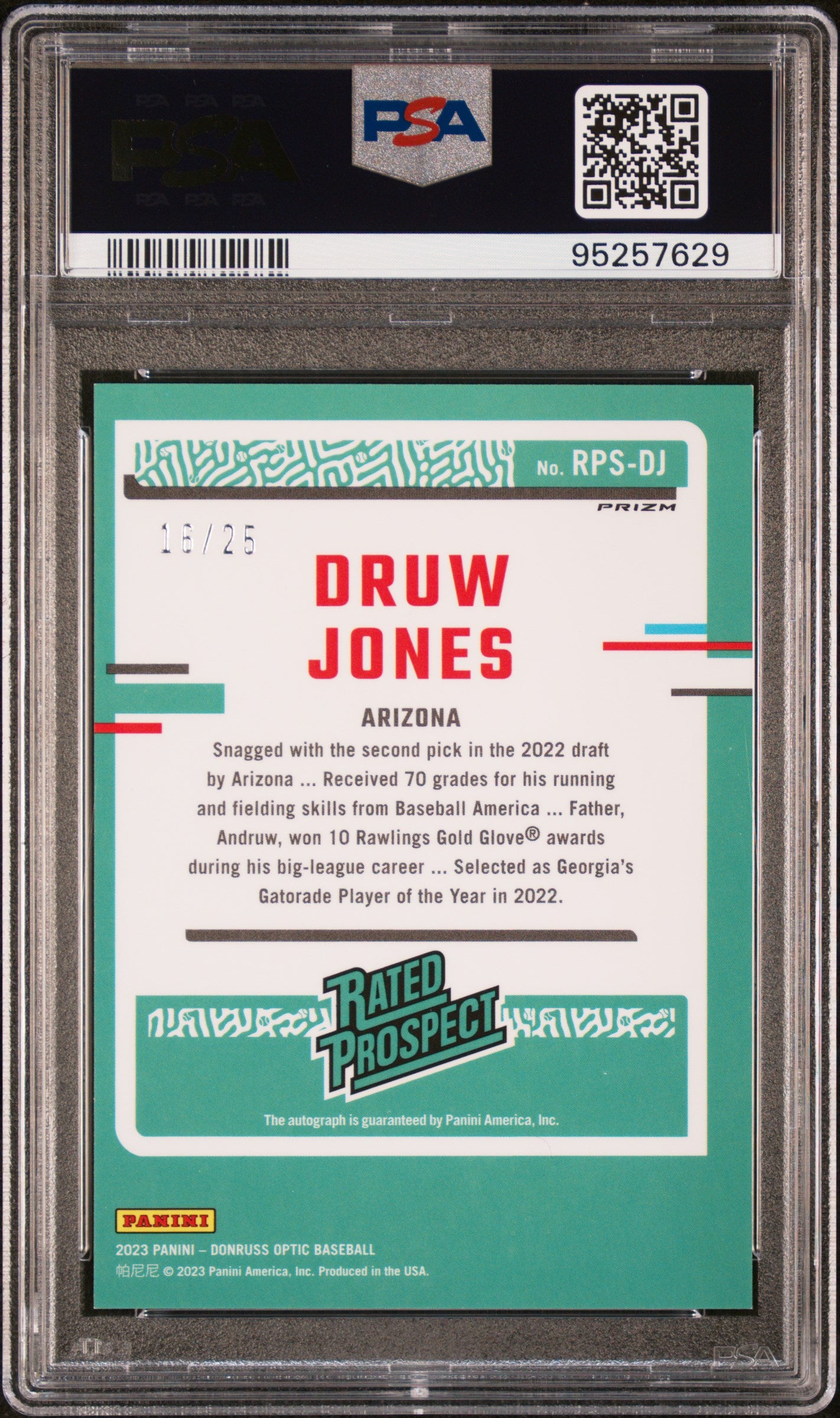 2023 Panini Donruss Optic Prospect Signatures Druw Jones #RPSDJ RP Orange PSA 8