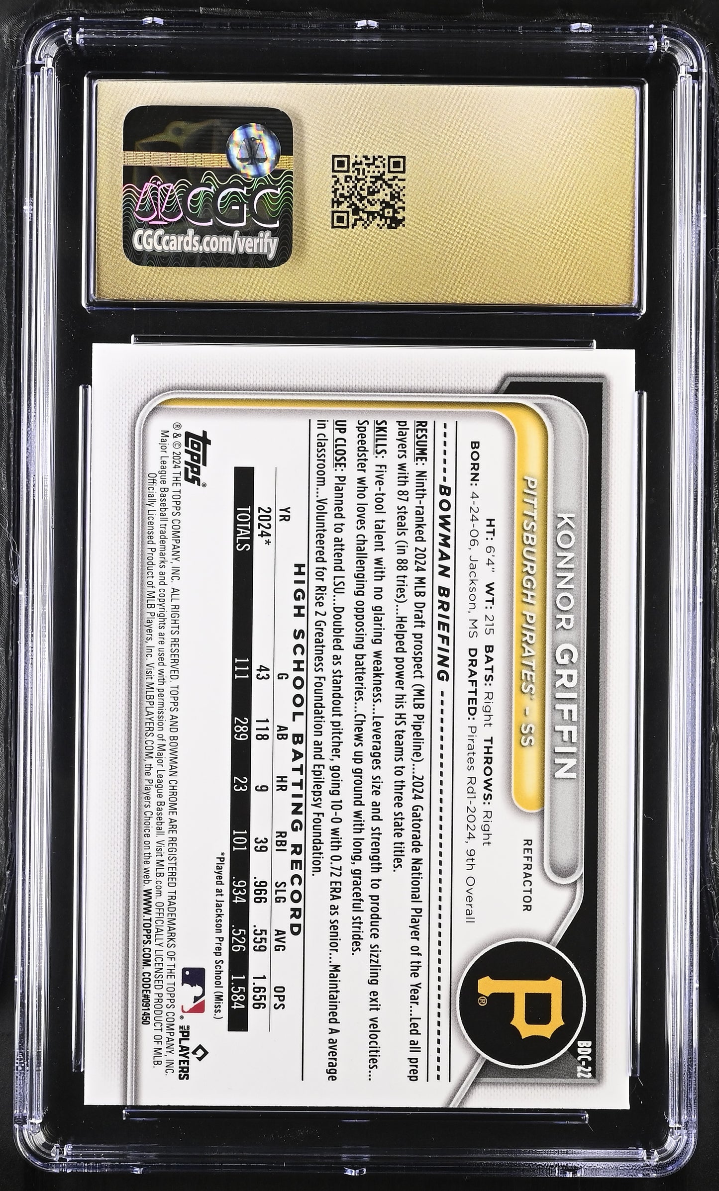 2024 Bowman Draft Konnor Griffin #BDC-22 Refractor Chrome CGC 10