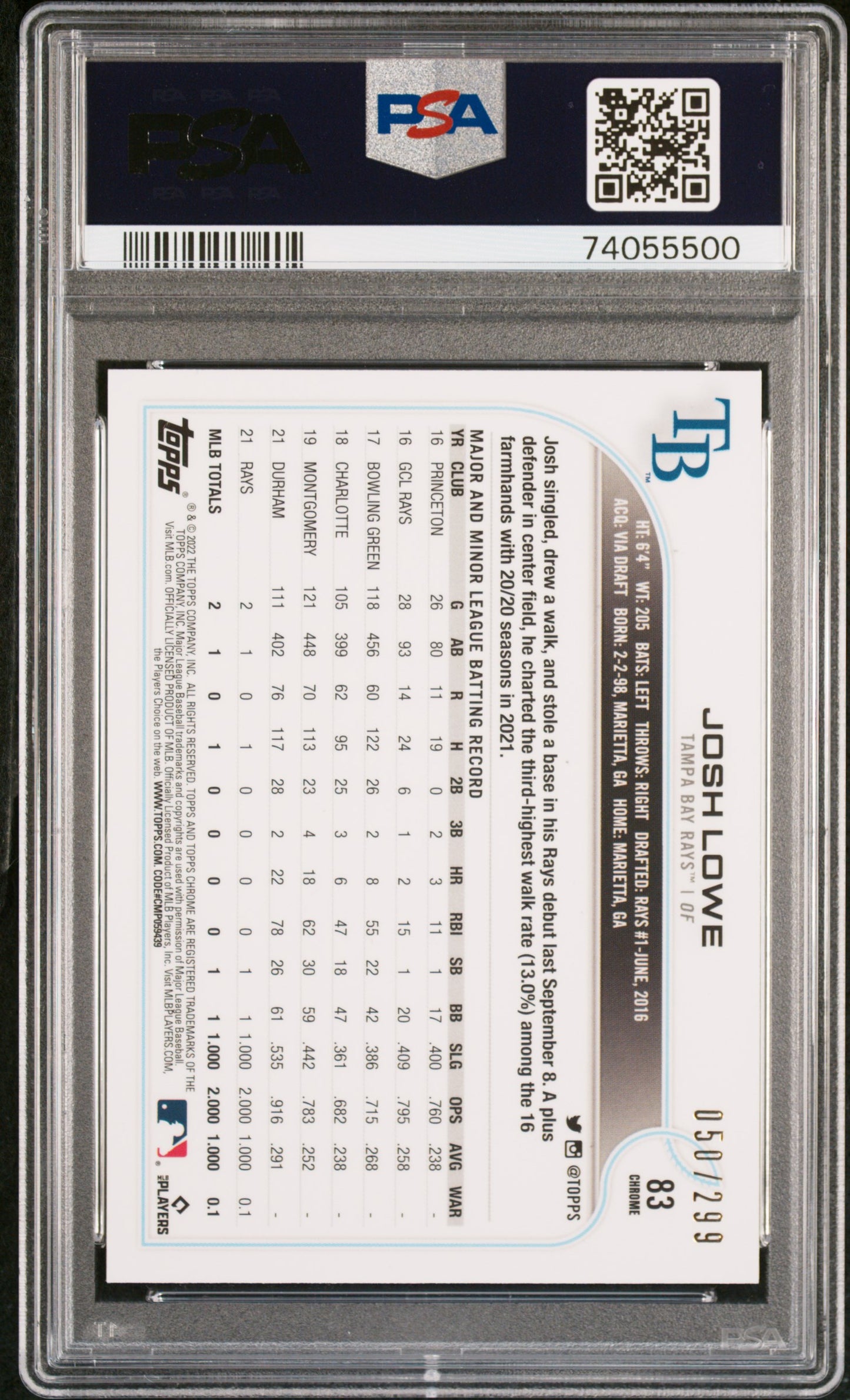 2022 Topps Chrome Sonic Josh Lowe #83 Purple Yellow Ref PSA 9