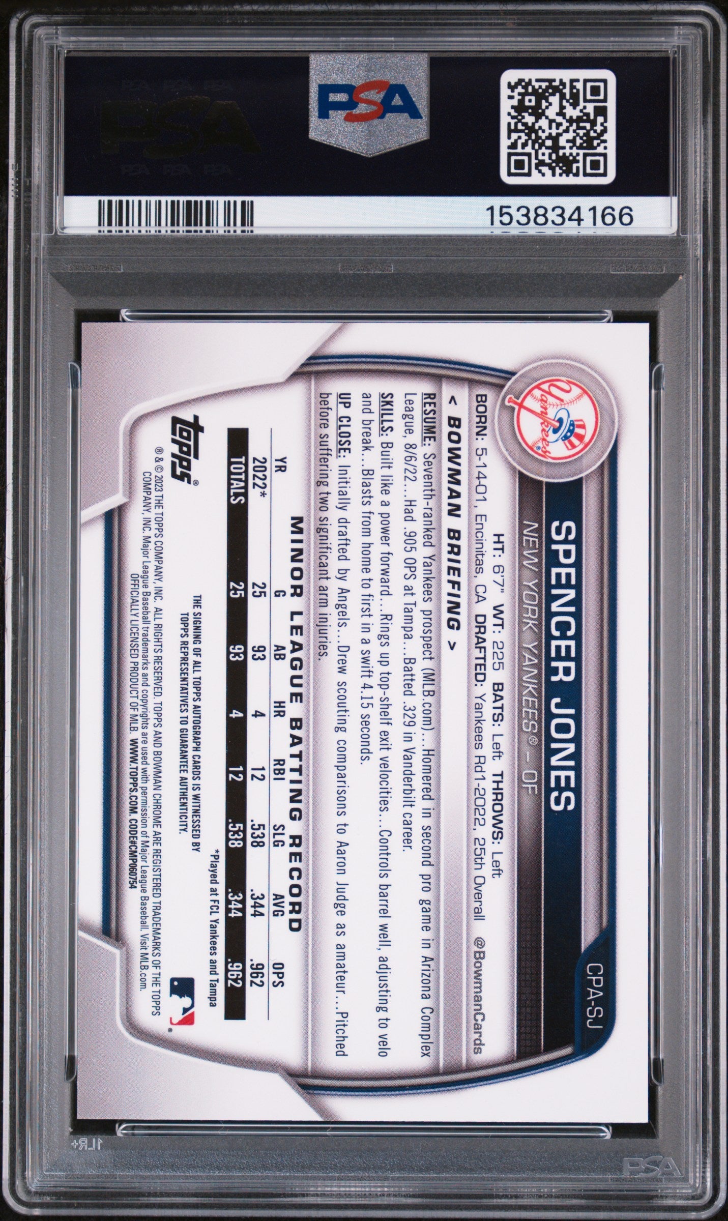 2023 Bowman Chrome Prospect Autographs Spencer Jones #CPASJ Blue Ref /150 PSA 9