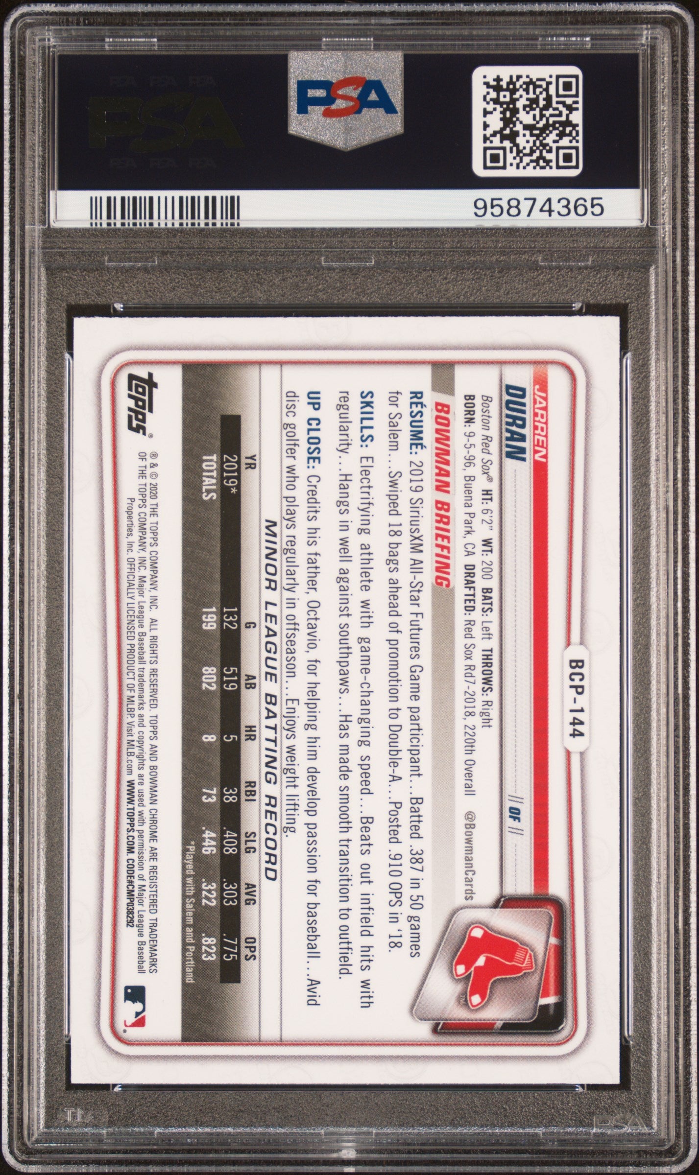 2020 Bowman Chrome Prospects Jarren Duran #BCP144 PSA 9