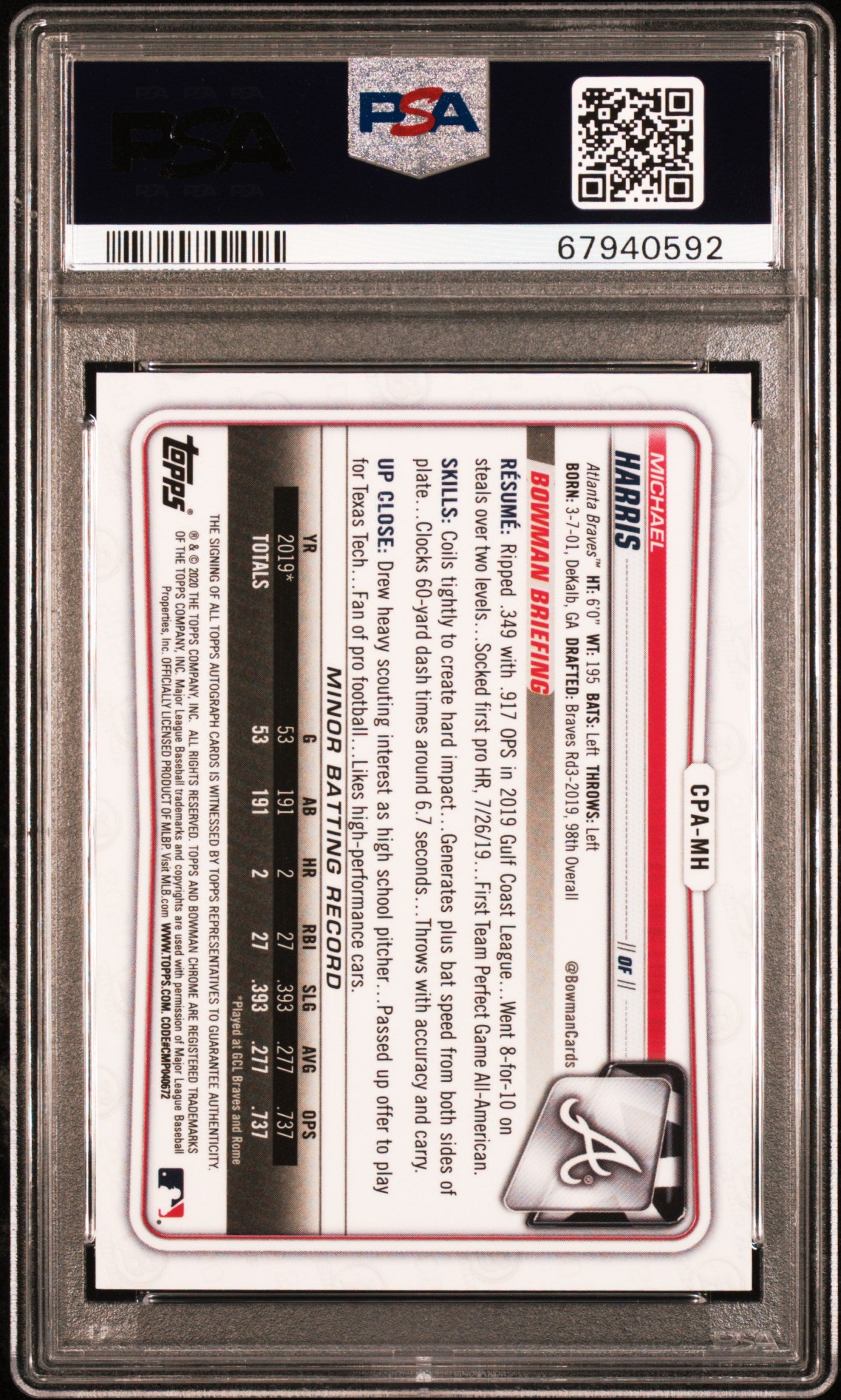 2020 Bowman Chrome Prospect Autographs Michael Harris #CPAMH PSA 9 Auto 10