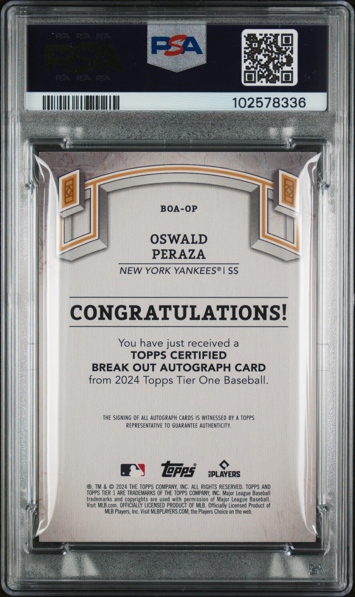 2024 Topps Tier One Break Out Autographs Oswald Peraza #BOAOP /249 PSA 9