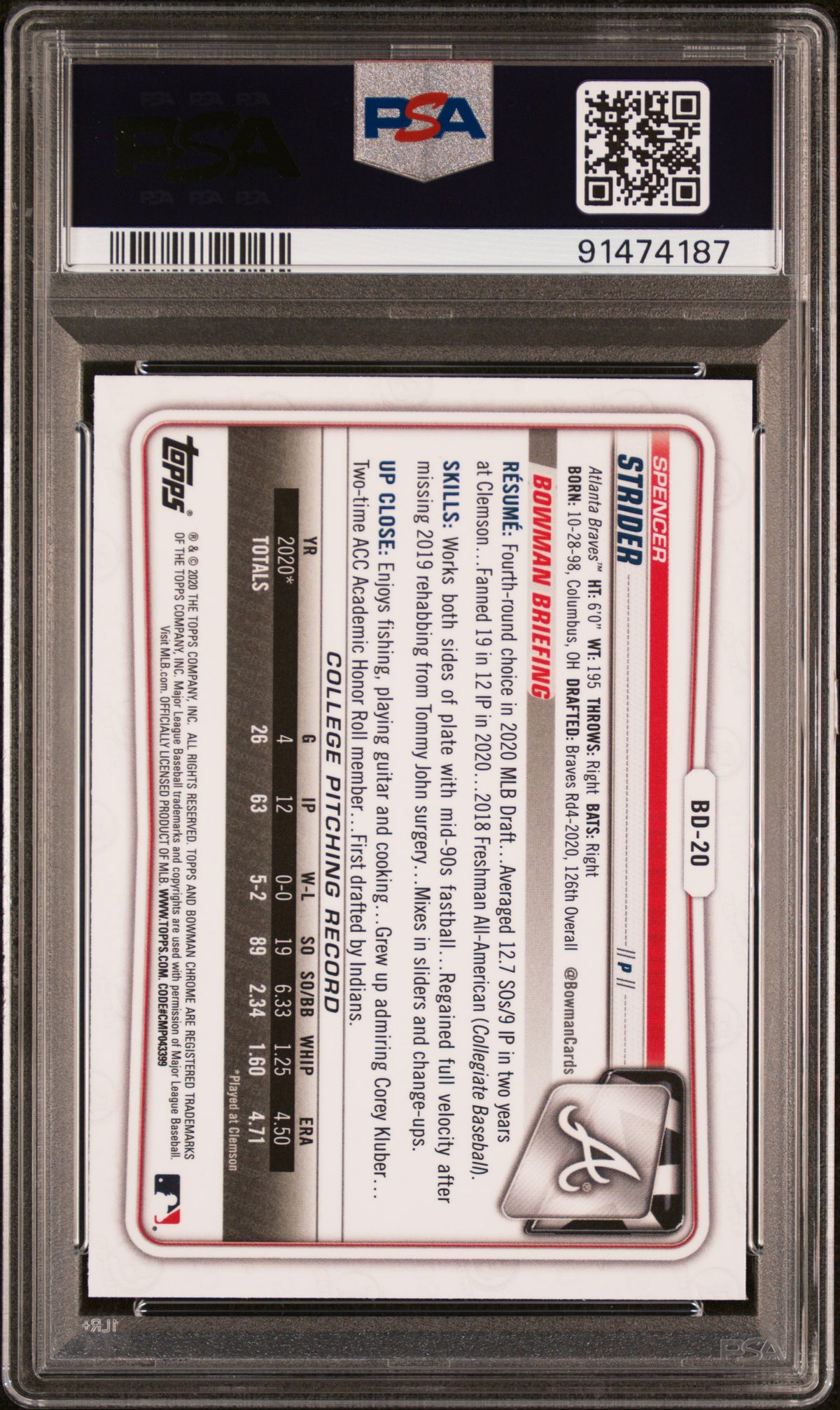 2020 Bowman Draft Chrome Sapphire Edition Spencer Strider #BD20 PSA 10