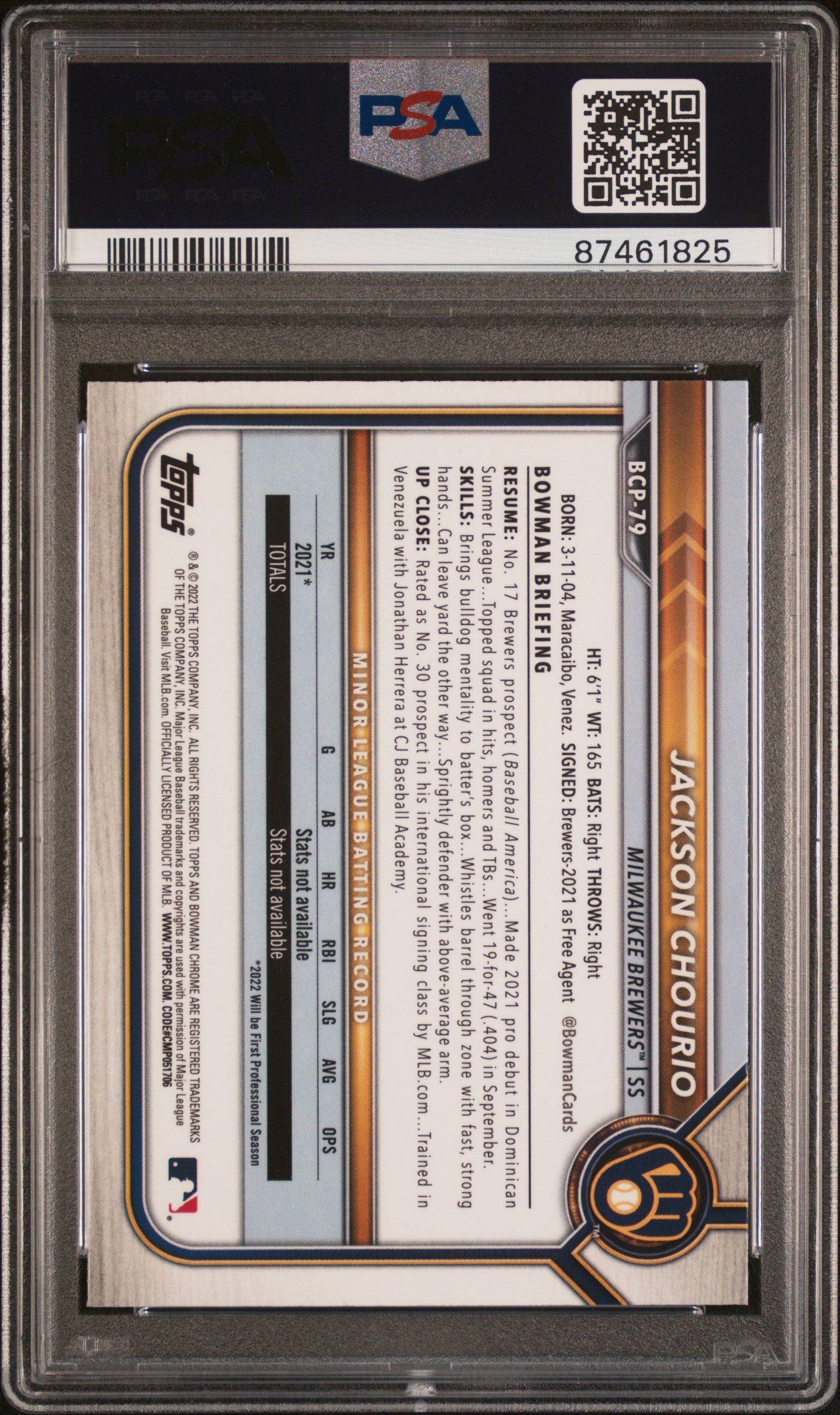 2022 Bowman Chrome Prospects Jackson Chourio #BCP79 PSA 10