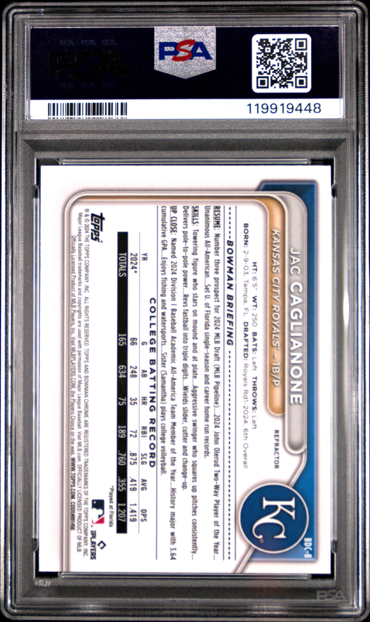 2024 Bowman Draft Jac Caglianone #BDC8 Chrome Refractor PSA 10