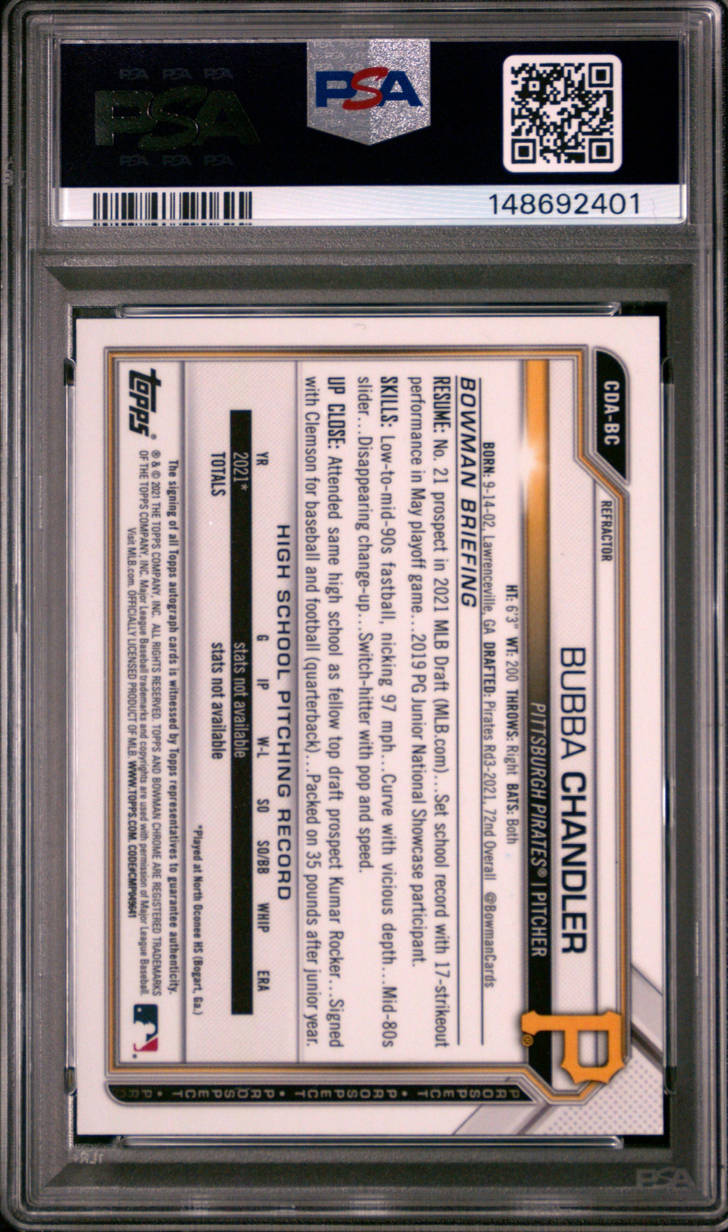 2021 Bowman Draft Chrome Autograph Bubba Chandler #CDABC DP Refractor /499 PSA 9