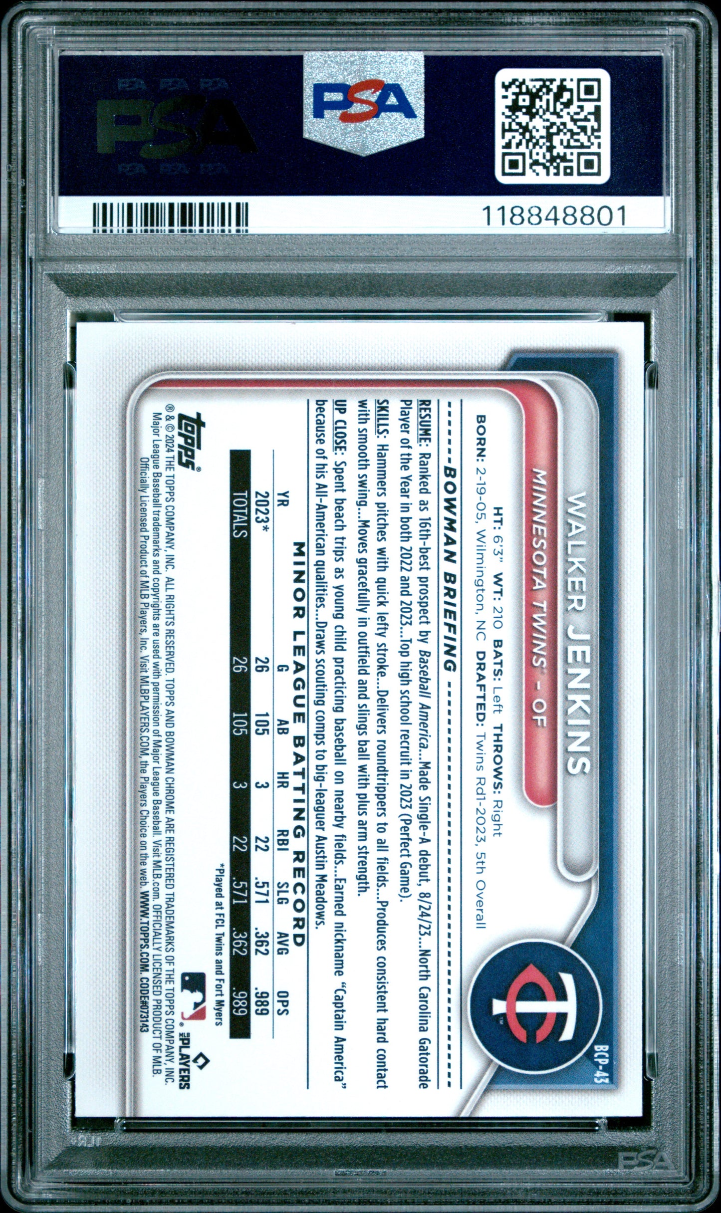 2024 Bowman Chrome Prospects Walker Jenkins #BCP43 PSA 10