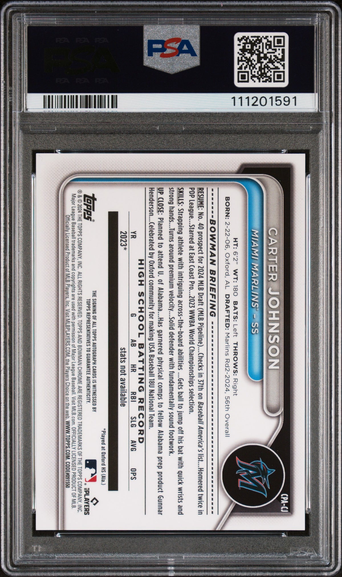 2024 Bowman Draft Auto Carter Johnson #CPACJ Bubble Gum Ref /5 PSA 9 Auto 10