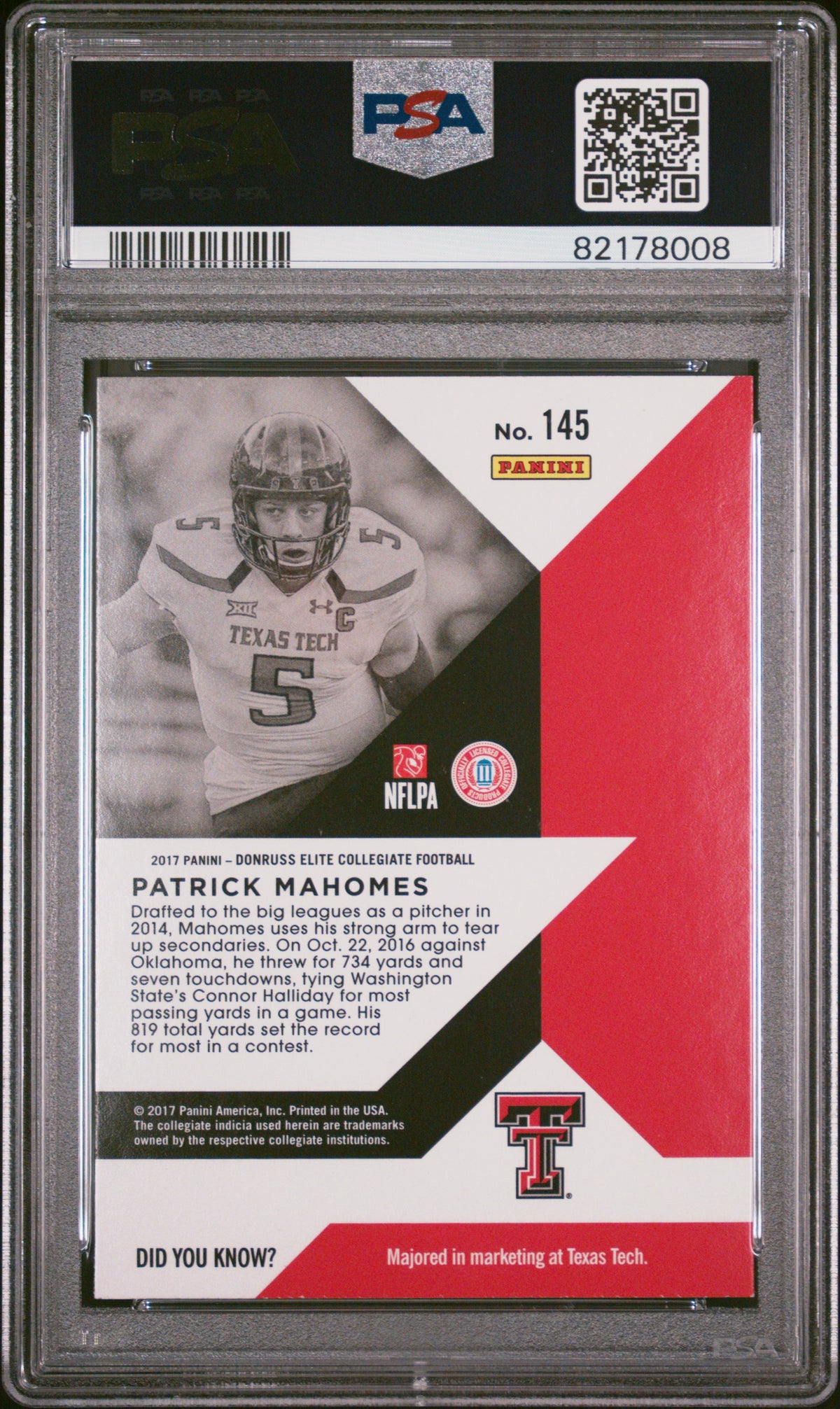 2017 Panini Elite Draft Picks Patrick Mahomes II #145 PSA 9