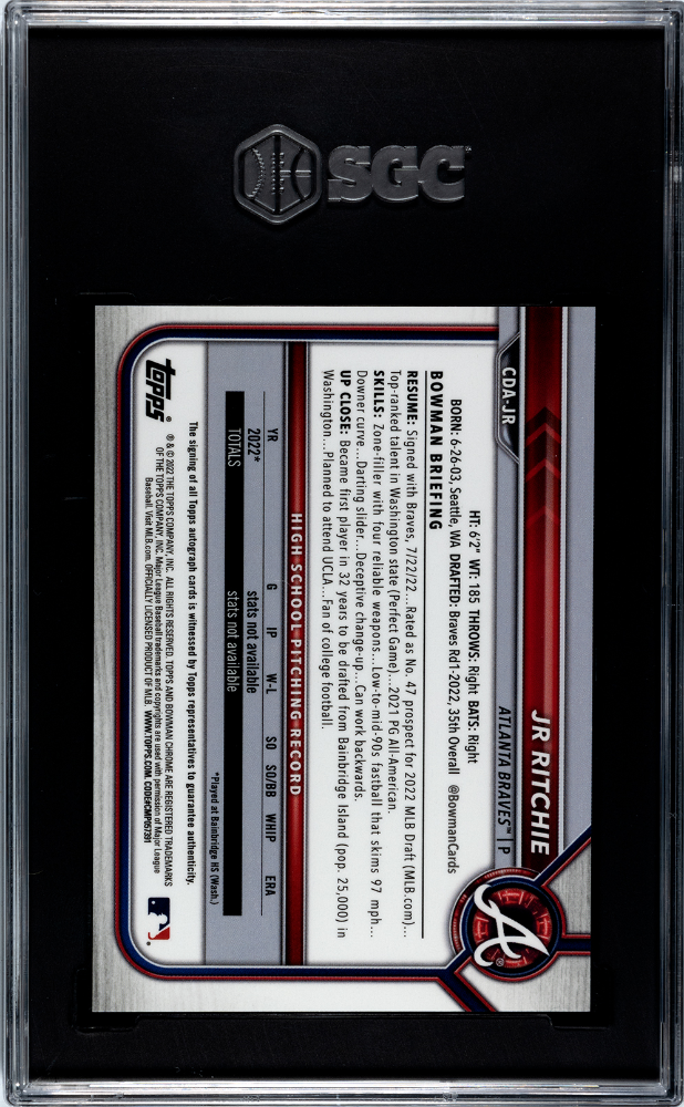 2022 Bowman Draft JR Ritchie #CDA-JR CHR. Autograph SGC 10 Auto 10