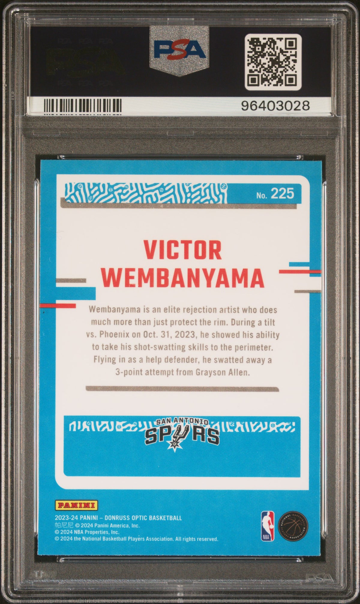 2023 Panini Donruss Optic Victor Wembanyama #225 PSA 9