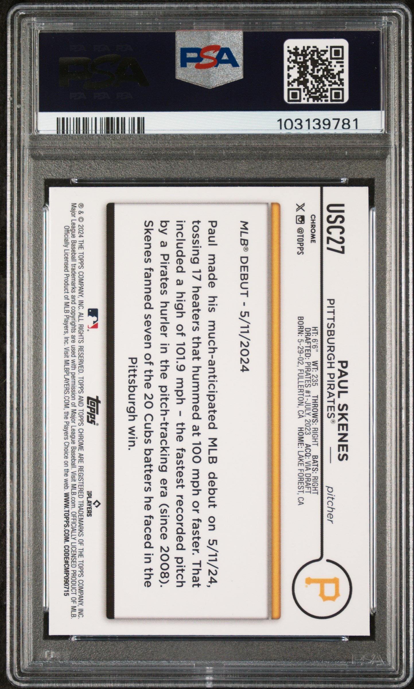 2024 Topps Chrome Update Paul Skenes #USC27 PSA 10