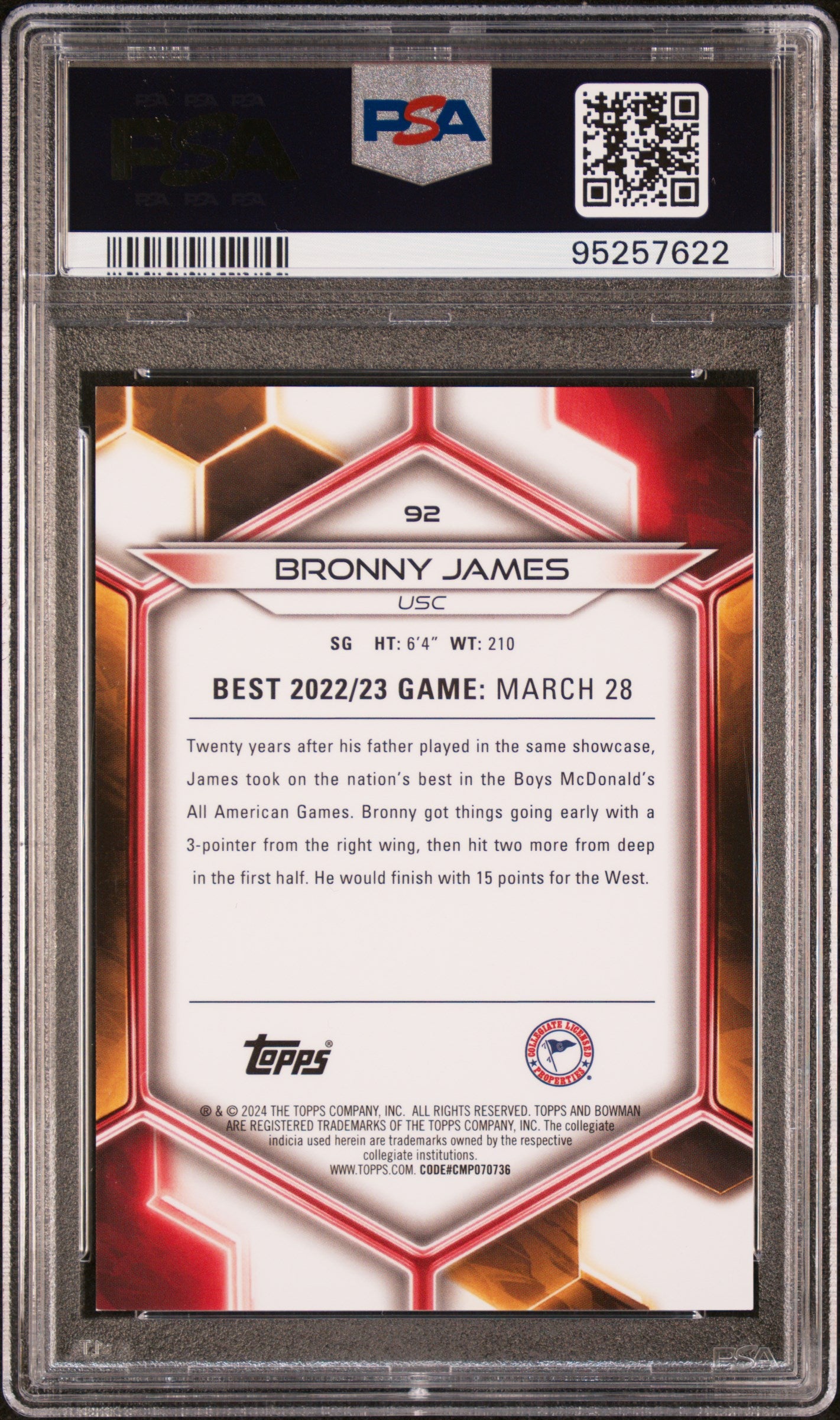 2023 Bowman University Best Bronny James #92 Green Mini Diamond Ref /99 PSA 9