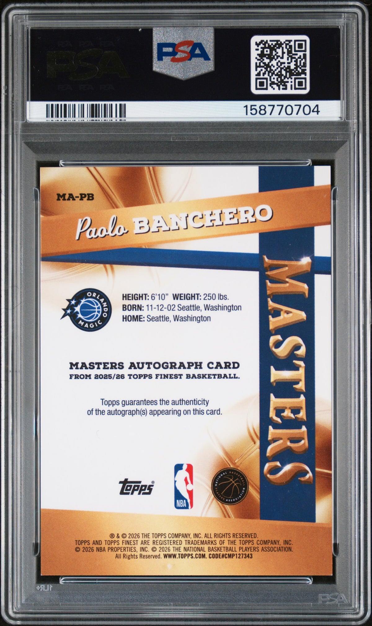 2025 Topps Finest Autographs Paolo Banchero #MA-PB Gold Geo /50 PSA 9 Auto 9