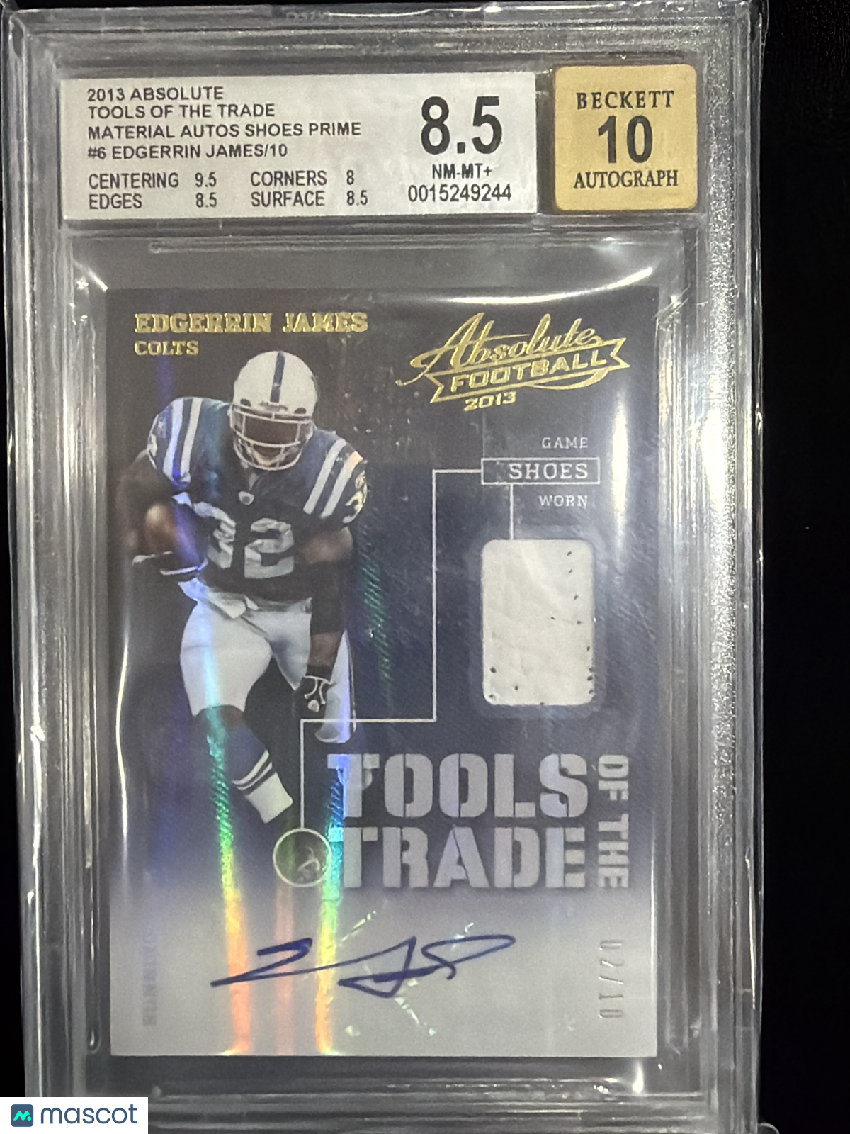 2013 Absolute Tools Autographs Shoes Prime Edgerrin James #6 /10 BGS 8.5 Auto 10