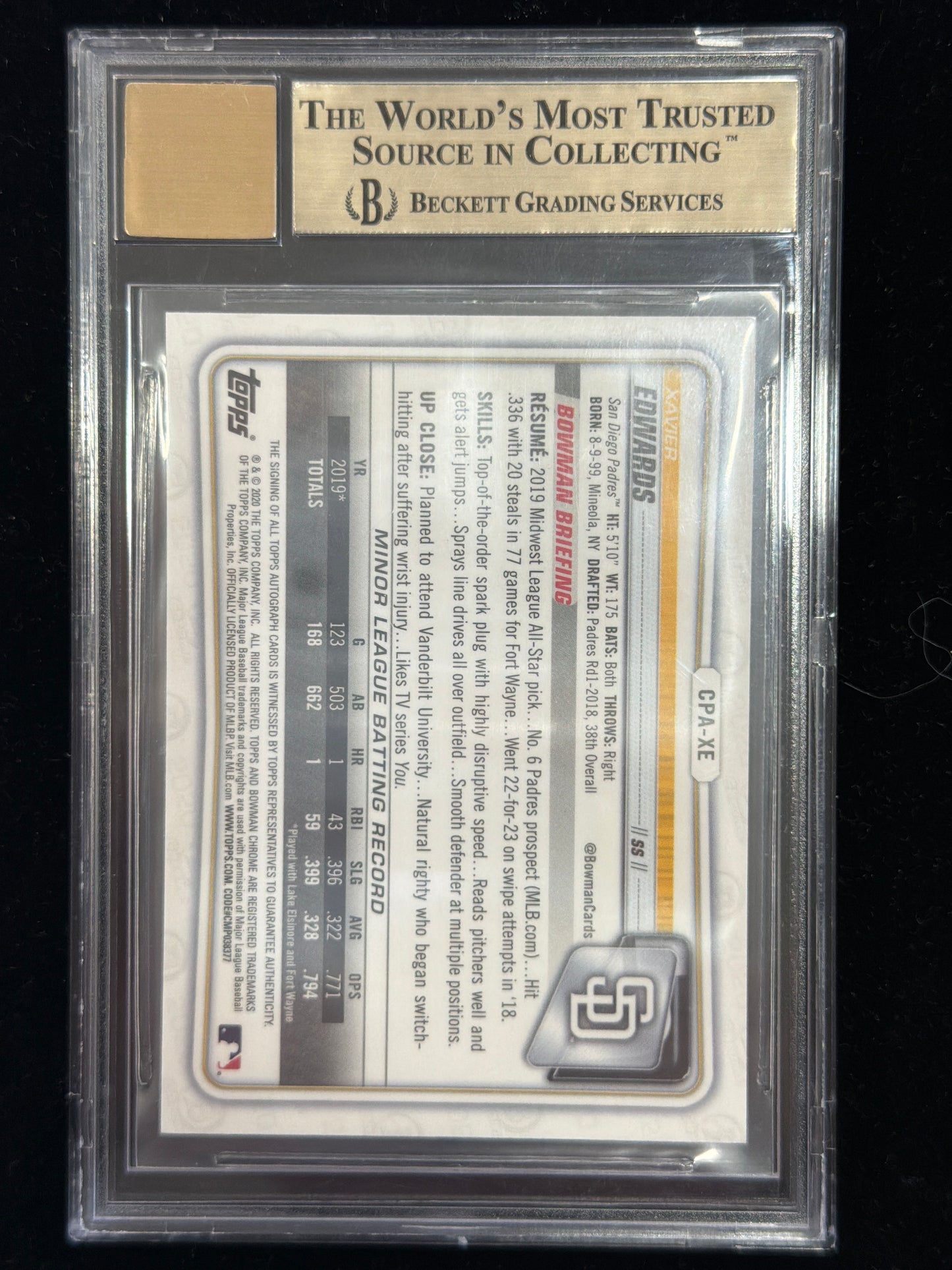2020 Bowman Chrome Autographs Speckle Refractors Xavier Edwards #CPAXE BGS 9.5