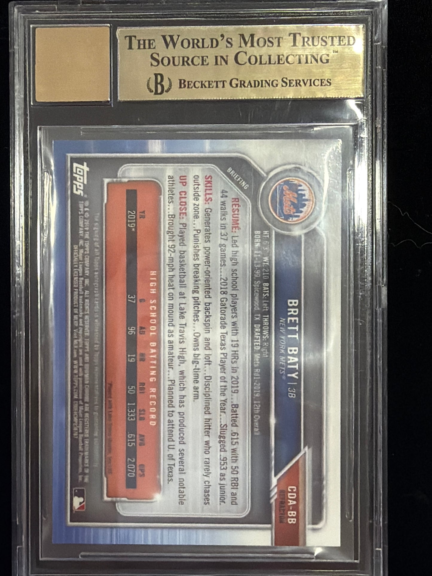 2019 Bowman Chrome Draft Autographs Refractors Brett Baty #CDABB BGS 9.5