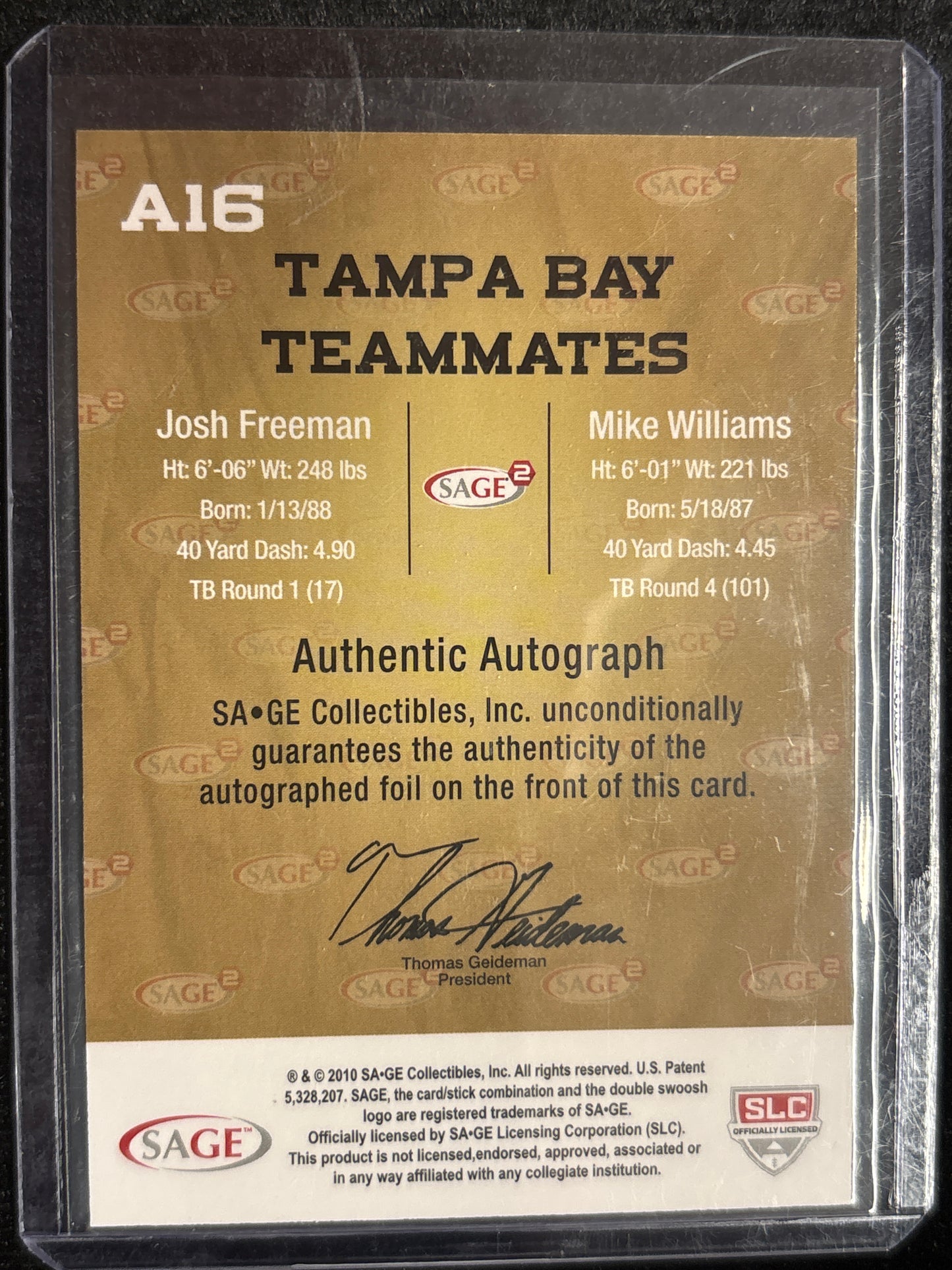 2010 Sage Hit Josh Freeman Mike Williams #A16 Dual Autograph