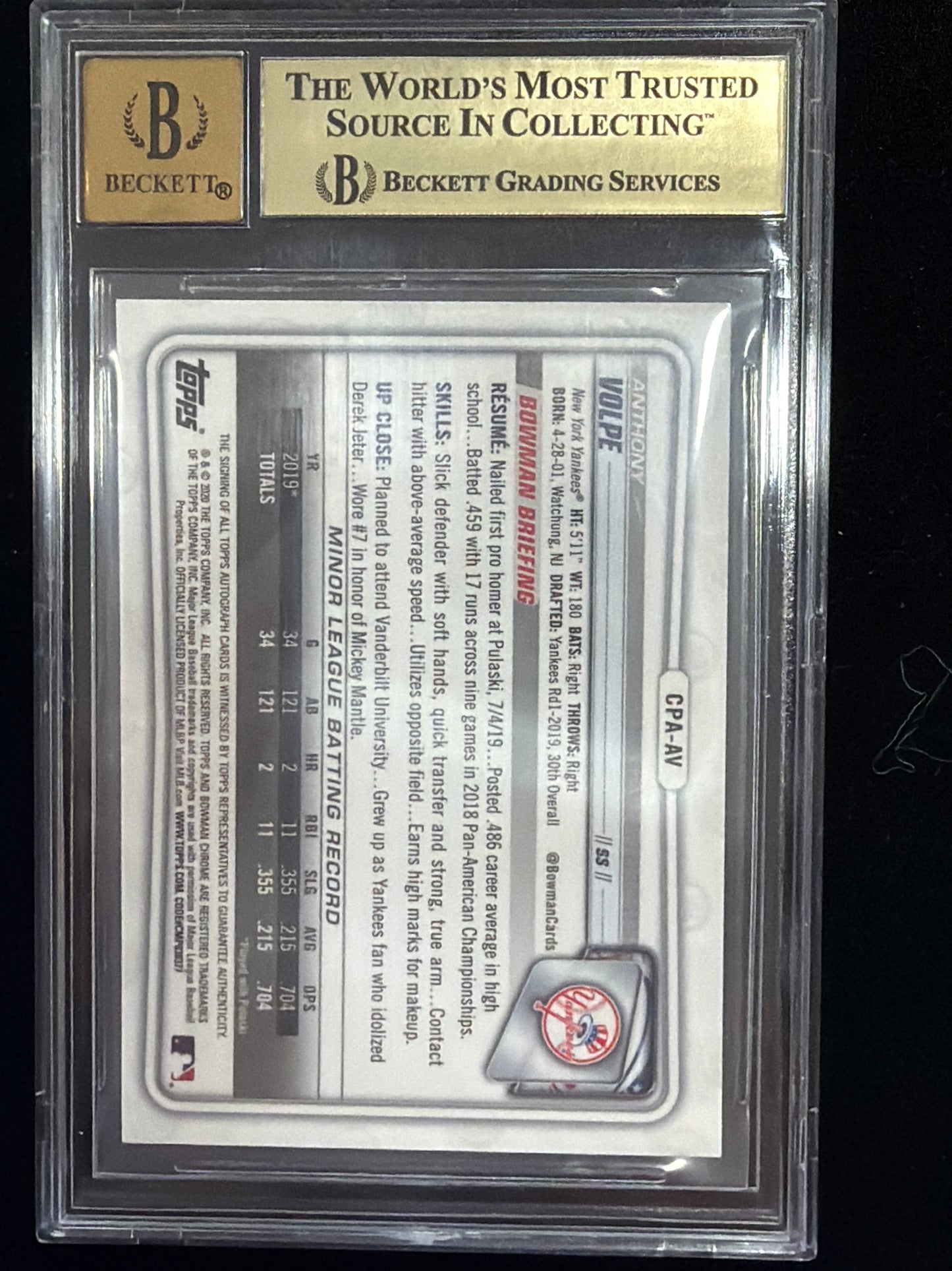 2020 Bowman Chrome Prospect Autographs Anthony Volpe #CPAAV BGS 9.5