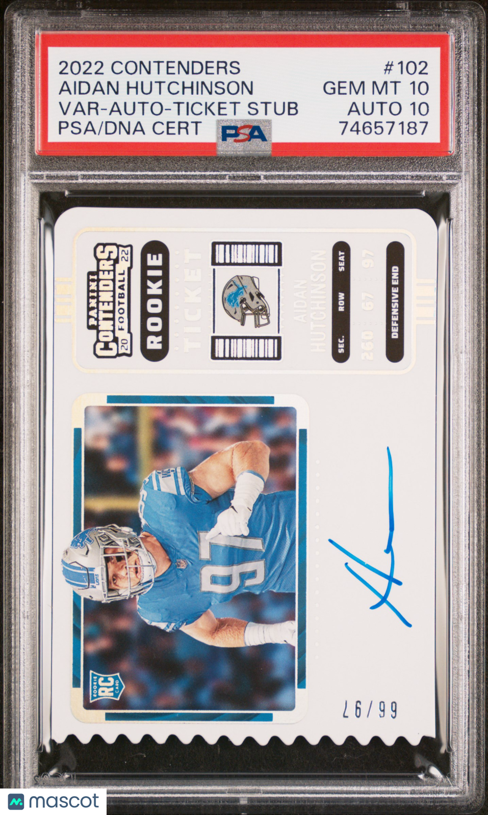 2022 Panini Contenders Hutchinson #102 Var Auto Ticket Stub /97 PSA 10 Auto 10