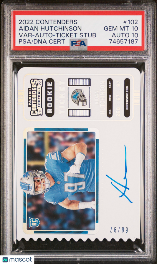 2022 Panini Contenders Hutchinson #102 Var Auto Ticket Stub /97 PSA 10 Auto 10
