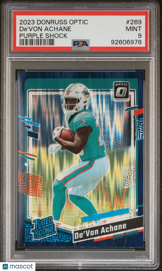 2023 Panini Donruss Optic De'von Achane #269 Purple Shock PSA 9