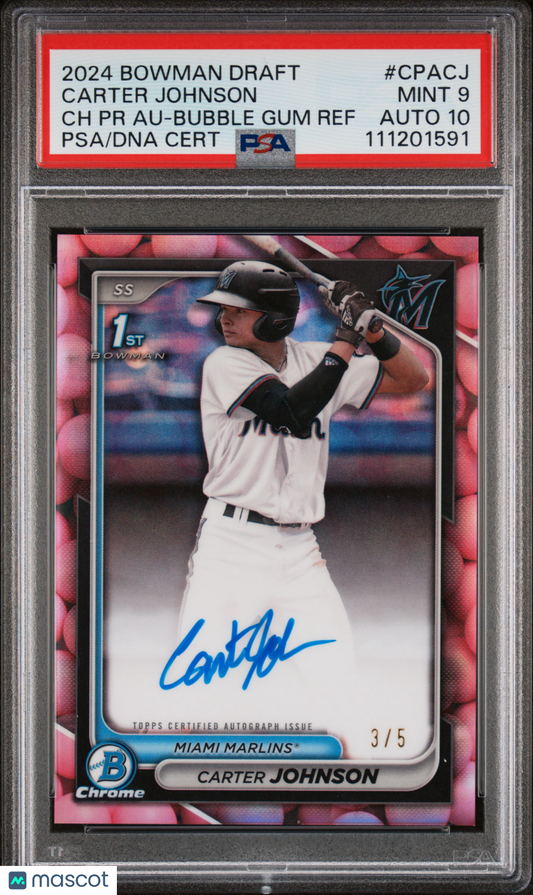 2024 Bowman Draft Auto Carter Johnson #CPACJ Bubble Gum Ref /5 PSA 9 Auto 10