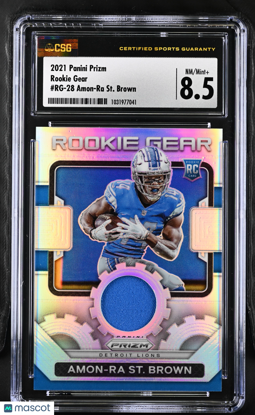 2021 Panini Prizm Amon-Ra St. Brown #RG-28 Rookie Gear Relics CGC 8.5