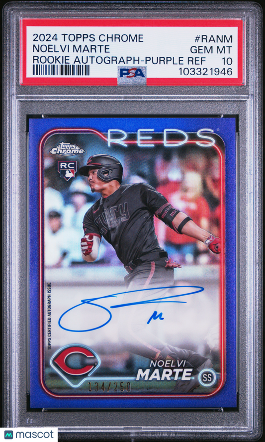2024 Topps Chrome Rookie Autographs Noelvi Marte #RANM Purple Ref /250 PSA 10