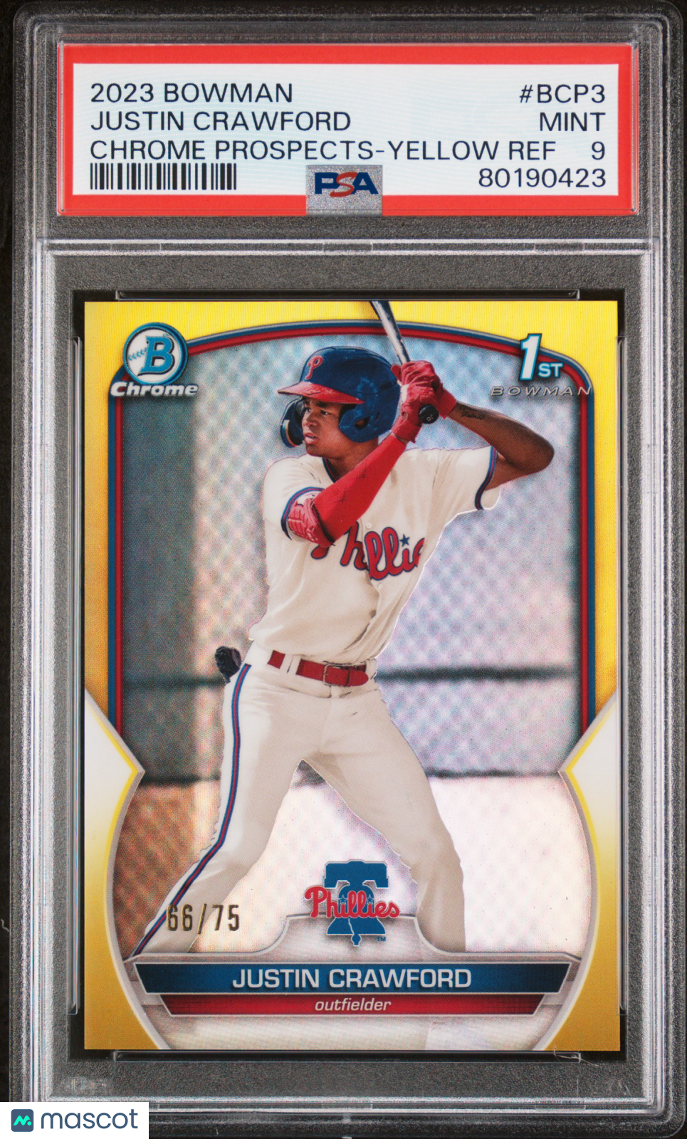 2023 Bowman Chrome Prospects Justin Crawford #BCP3 Ylw Ref /75 PSA 9