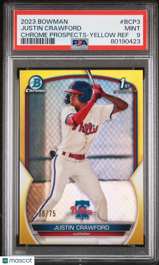 2023 Bowman Chrome Prospects Justin Crawford #BCP3 Ylw Ref /75 PSA 9