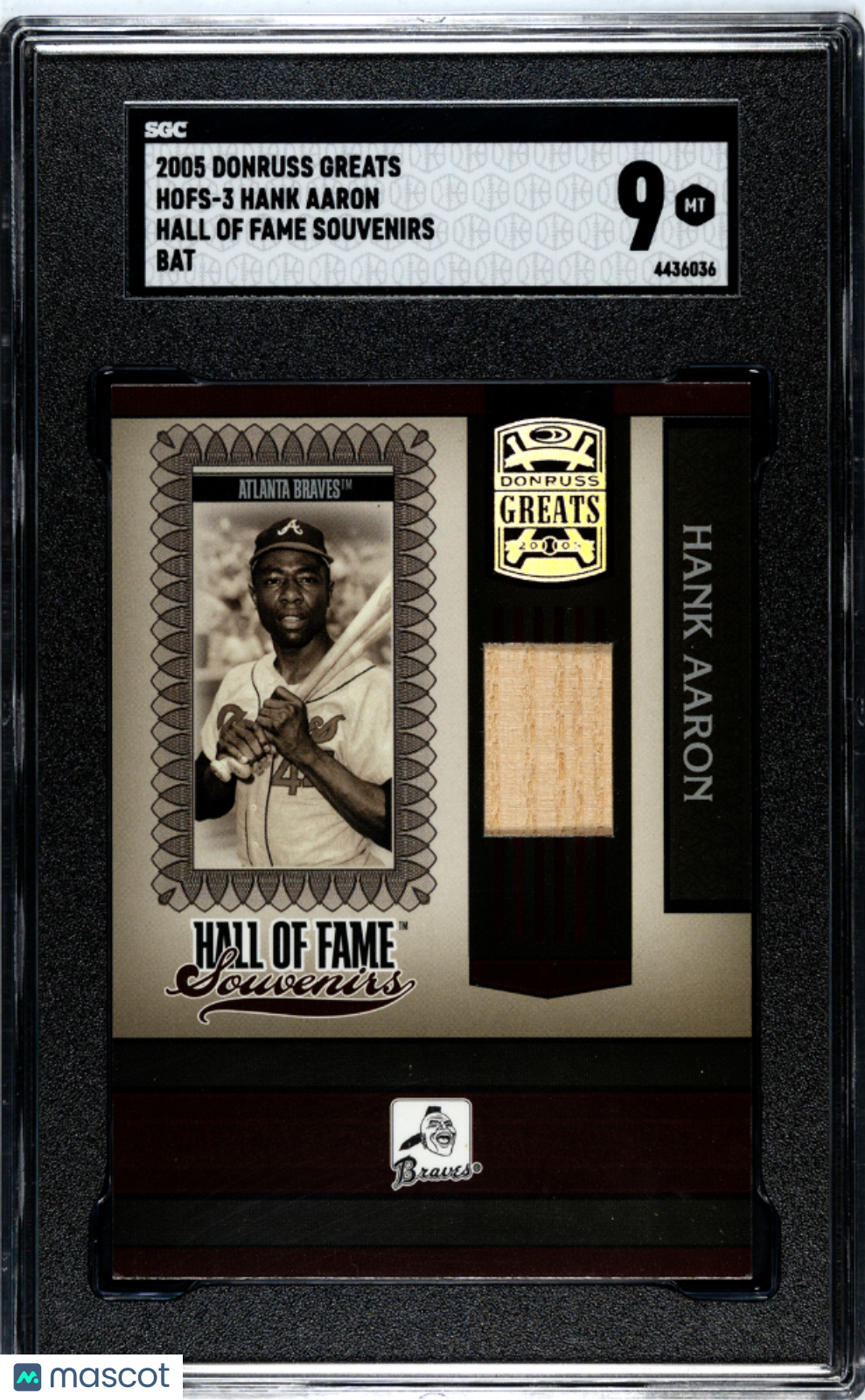 2005 Donruss Greats Hank Aaron #HOFS-3 Hall Of Fame Souvenirs Bat SGC 9
