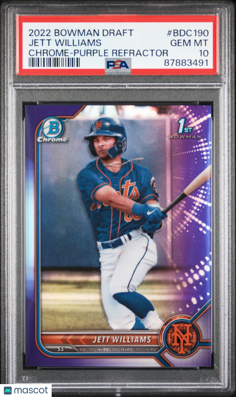 2022 Bowman Draft Jett Williams #BDC190 Chrome Purple Refractor PSA 10