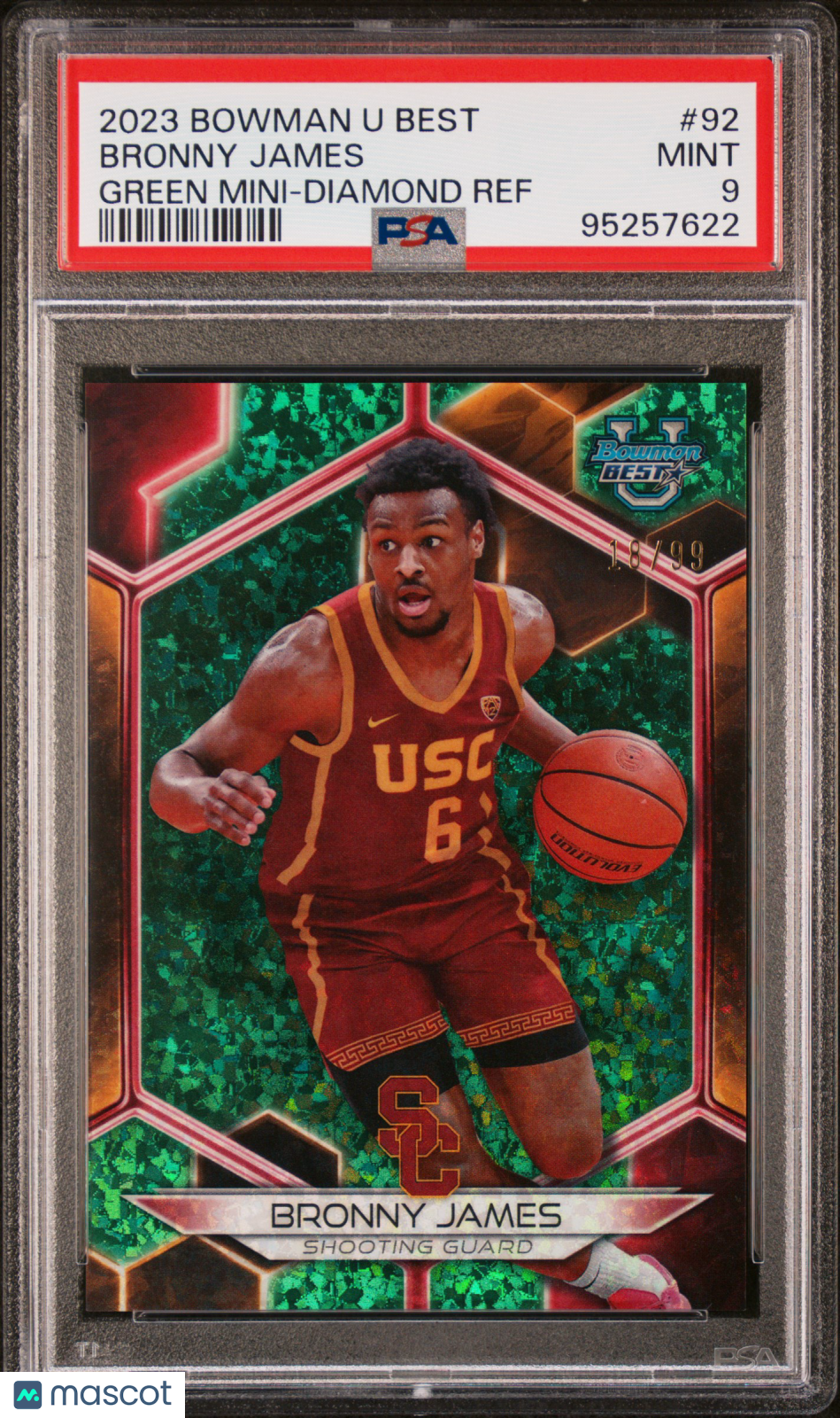 2023 Bowman University Best Bronny James #92 Green Mini Diamond Ref /99 PSA 9