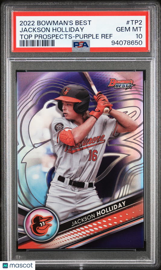 2022 Bowman's Best Top Prospects Jackson Holliday #TP2 Purple Ref PSA 10