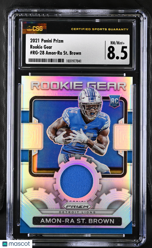 2021 Panini Prizm Amon-Ra St. Brown #RG-28 Rookie Gear Relics CGC 8.5