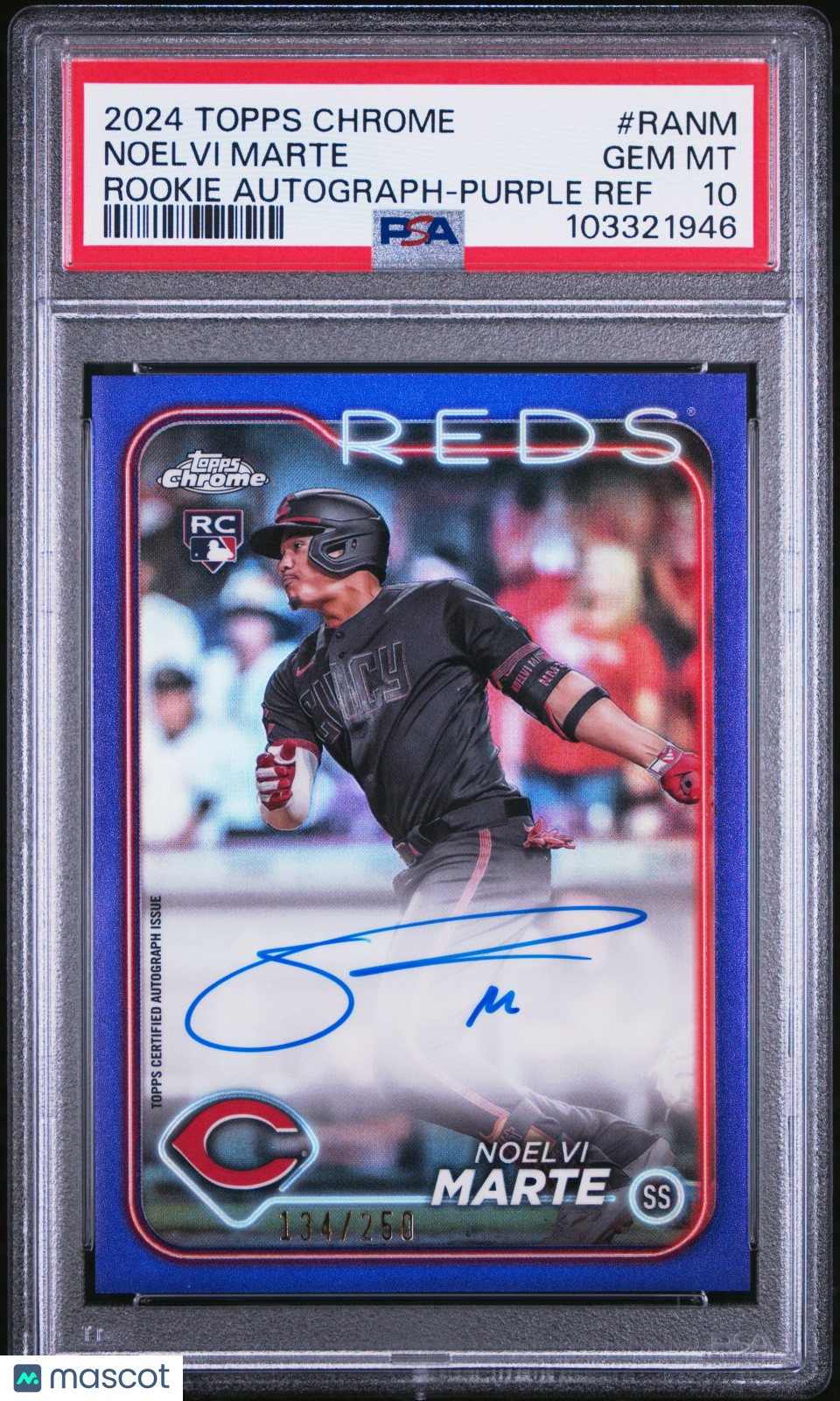 2024 Topps Chrome Rookie Autographs Noelvi Marte #RANM Purple Ref /250 PSA 10