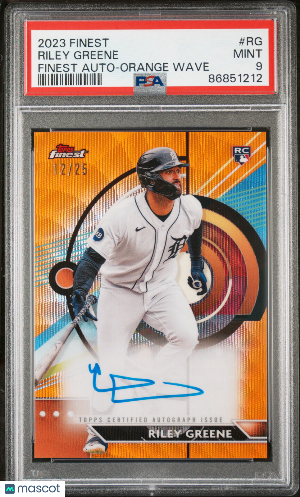 2023 Topps Finest Finest Autographs Riley Greene #RG Orange Wave /25 PSA 9