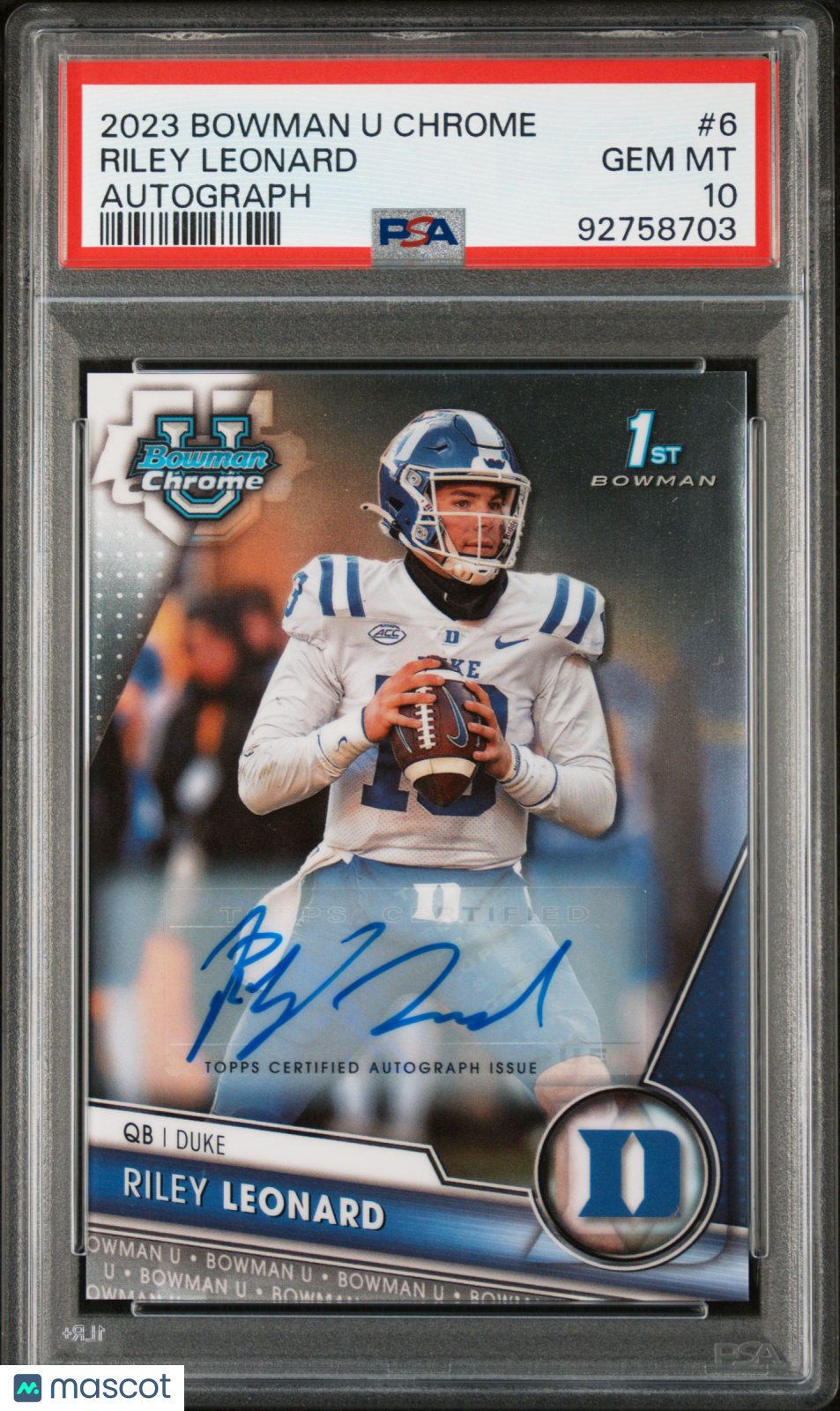 2023 Bowman University Chrome Riley Leonard #6 Autograph PSA 10