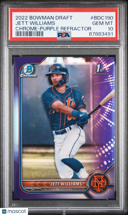 2022 Bowman Draft Jett Williams #BDC190 Chrome Purple Refractor PSA 10
